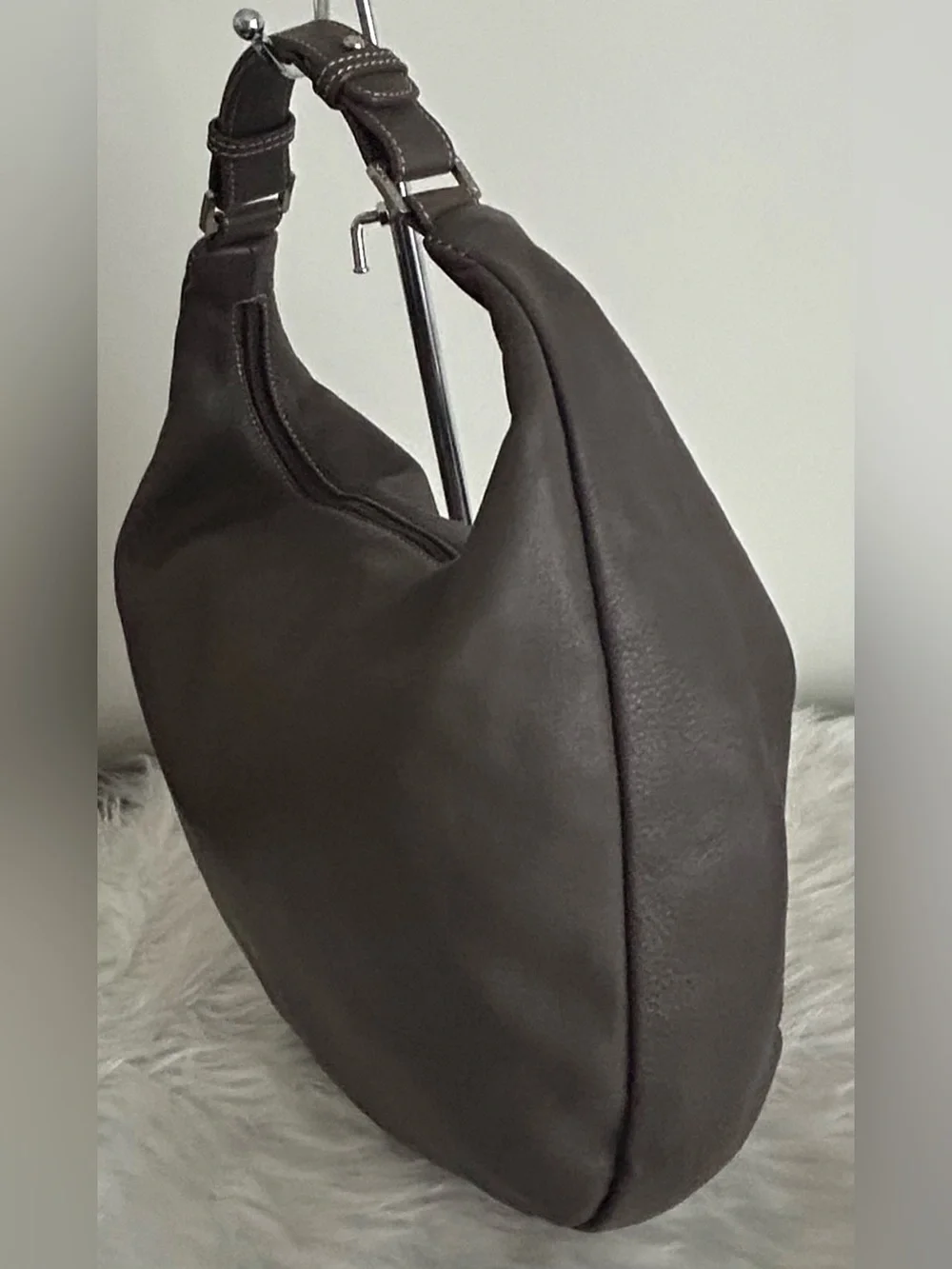 Sabrina Gray Leather Hobo Shoulder Bag Slouchy Everyday Purse